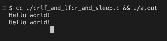 Result of printing CRLF or LFCR after line, sleep after LFCR