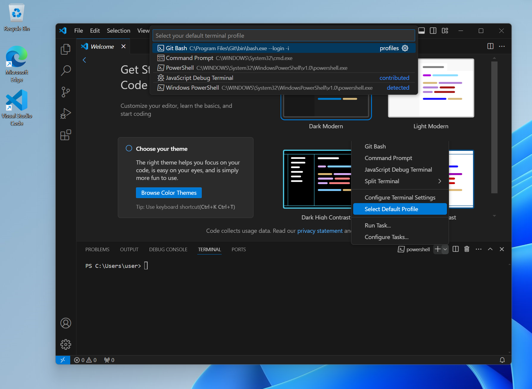 Visual Studio Code에서 터미널 default profile 선택