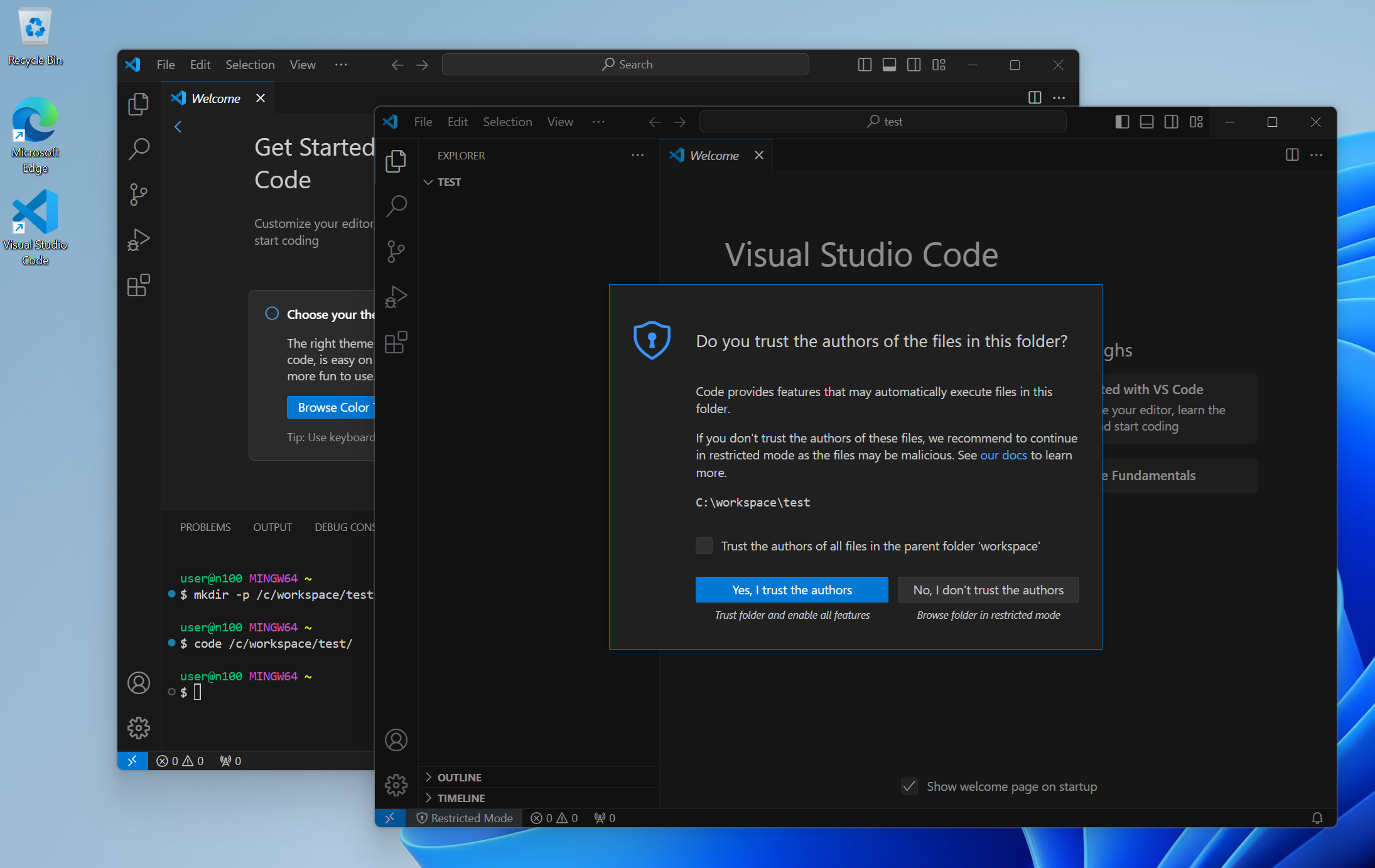 Visual Studio Code에서 다른 폴더를 연 화면